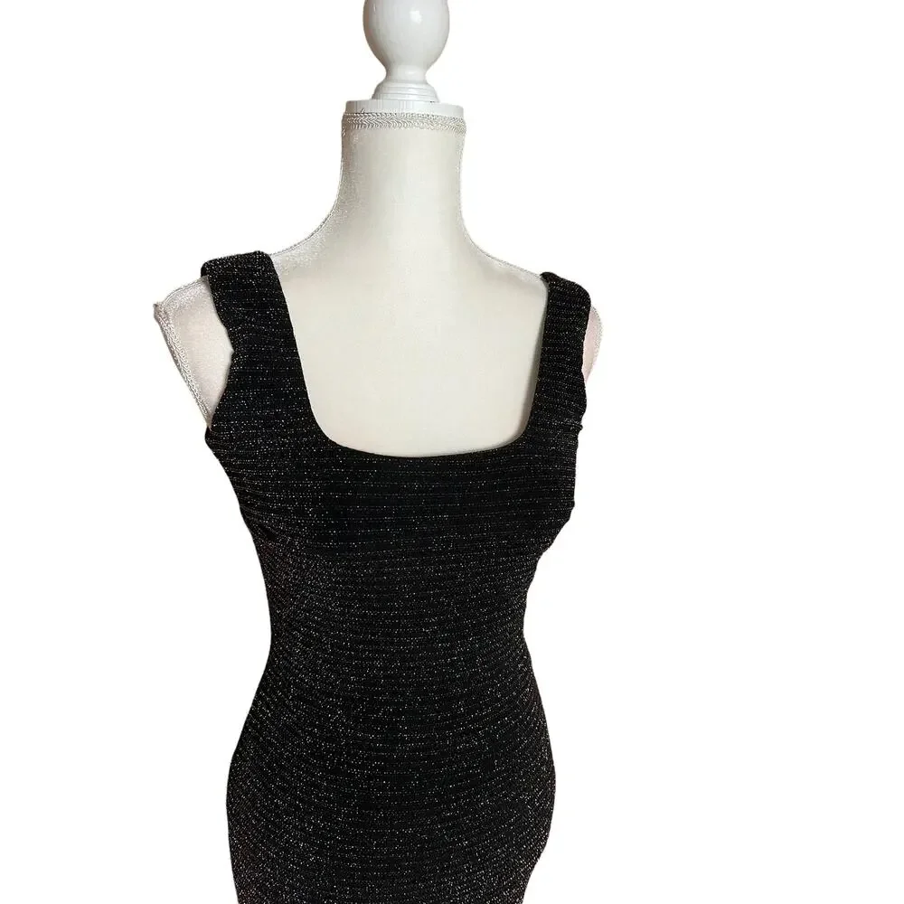 Betsy and Adam metallic Sheath Dress Black sz 6 Lined Square Neck